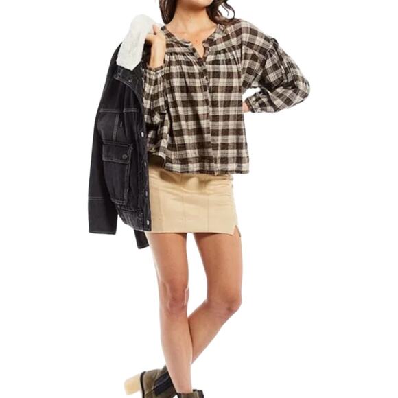 Free People Jessi Plaid Balloon Sleeve Top Small Brown Boho Cottage Casual - Picture 9 of 9